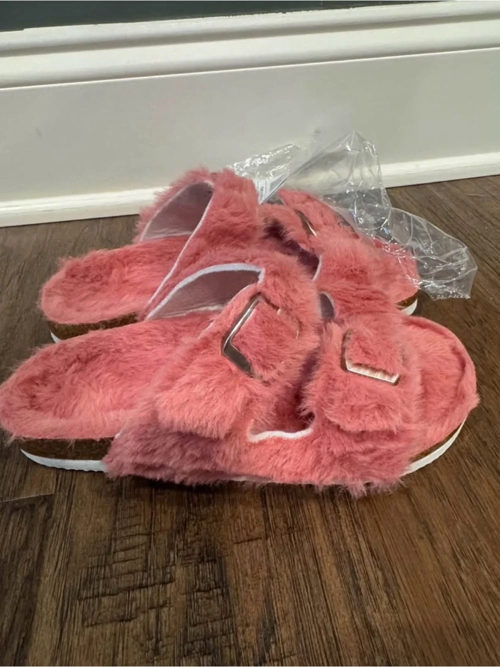 Faux Fur Dual-Buckle Slide Sandal in Pink